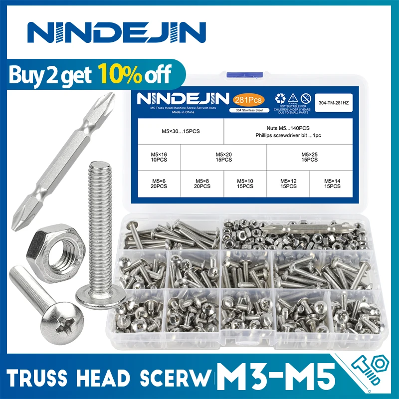 NINDEJIN Cross Truss Head Machine Screw Nut Set M3 M4 M5 Stainless Steel Phillips Mushroom Head Bolts and Nuts Assortment Kit