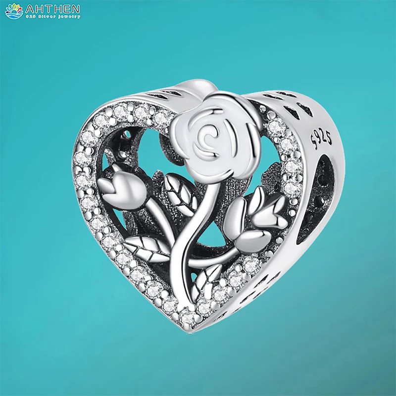 

Ahthen 925 Sterling Silver Hot Sale Beads Rose Heart Dangle Charm fit Snake Chain Bracelets Necklaces for Women Jewelry Making