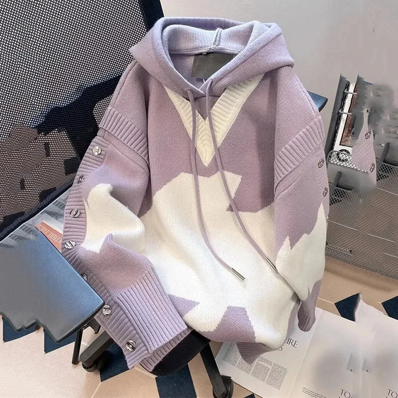 

2025 New Autumn Winter Contrast Fake Two Women Sweater Jacket Elegant Hooded Pullover Sweater Female Loose Knitting Jumper Lady