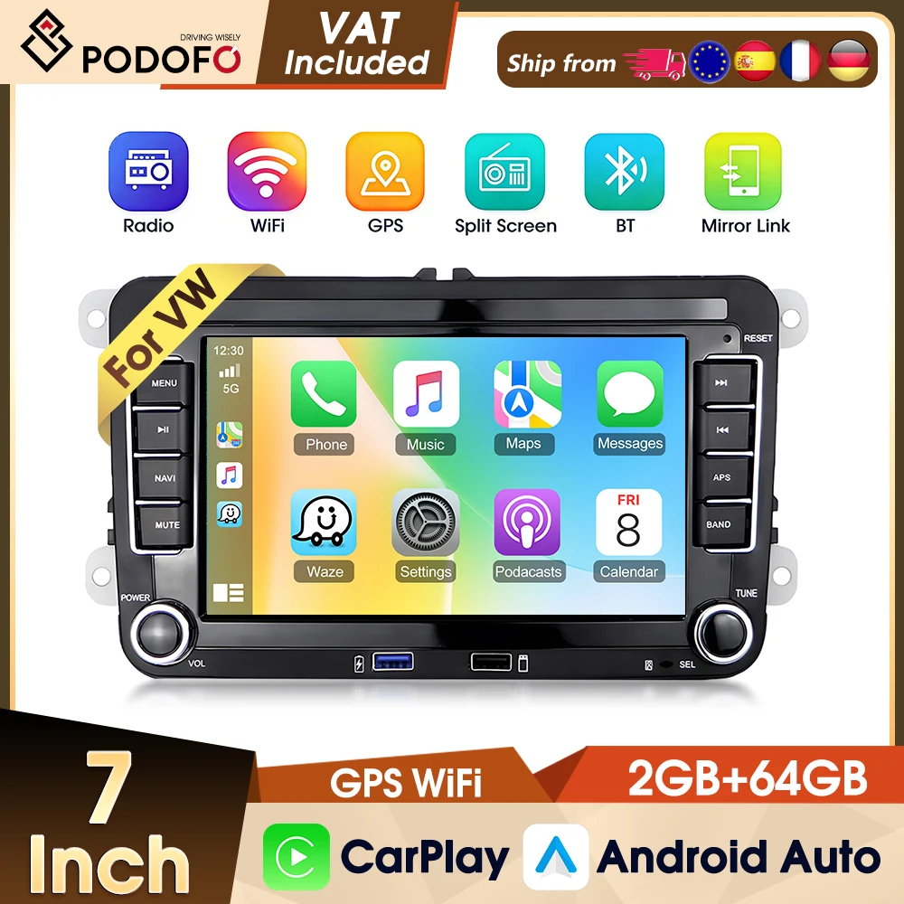 Podofo 2+64G 2DIN Auto-Multimedia-Player für VW Altea ab 05/2004 Leon Carplay Android Auto Auto-Audio GPS 4G LTE WIFI Mirror Link