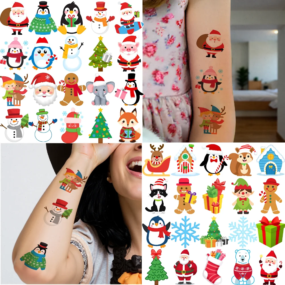 

63 шт., временные татуировки, праздничные значки, рождественские персонажи мультфильмов, водонепроницаемые долговечные наклейки на тело для девочек и мальчиков