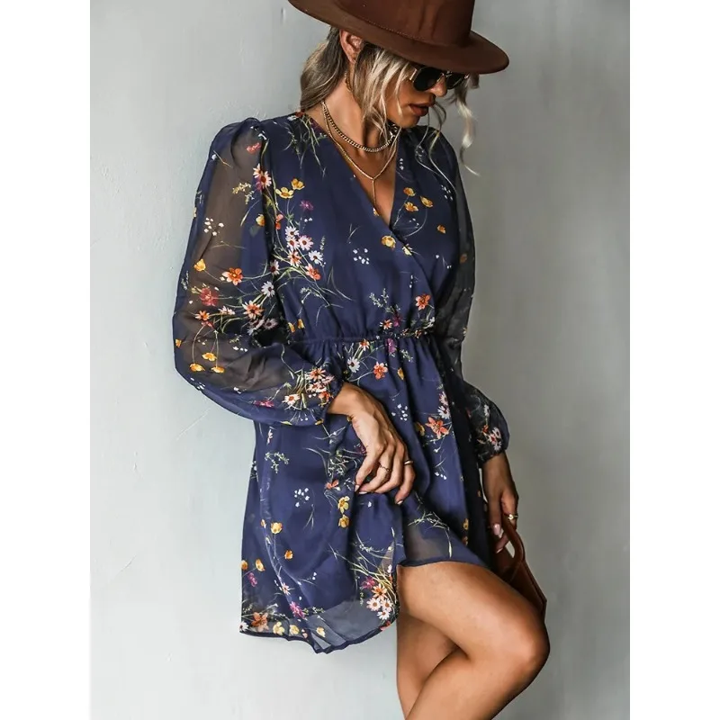 Dress Elegant Chiffon Printing Floral Spring Perspective Skirt V-neck Exquisite Simple Casual Fashion Temperament Personality