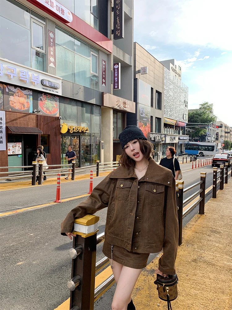 

Ana Phora Vintage Coffee irt Jaet American Sle Faion Set Women's Long Sve Collar Button down Autumn Outfit
