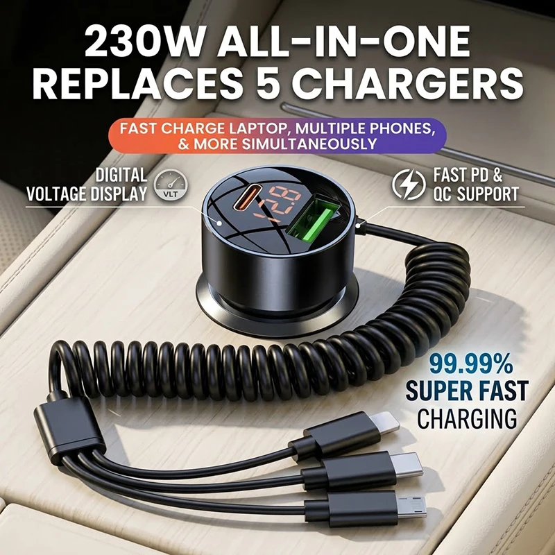 Multi-Port Fast Car Charger with Retractable Coiled Cable, LED Digital Voltage Display, High Power For Phones Laptops Devices