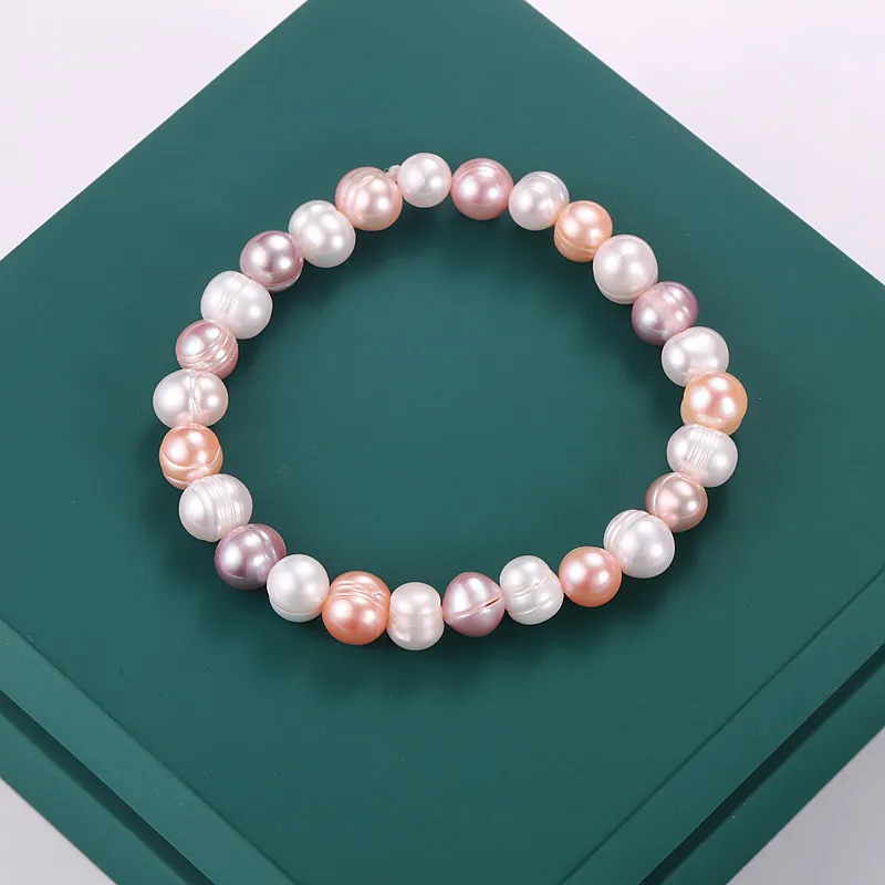 

6-7mm Baroque Potato Shape Freshwater Pearl Bracelet for Women 17cm Length White Pink Purple Mix Color Elastic Bracelet