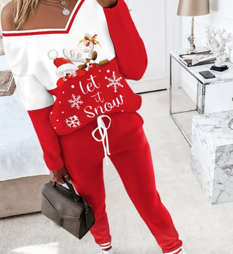 

Two piece Christmas cartoon Santa Claus slaughtering reindeer snow patterned long sleeved shirt with elastic waist sports set