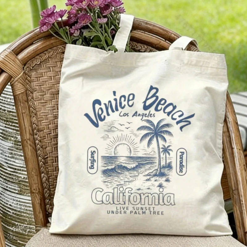 1 bolso de hombro reutilizable y ecológico de lona vintage con diseño de "Venice Beach California"