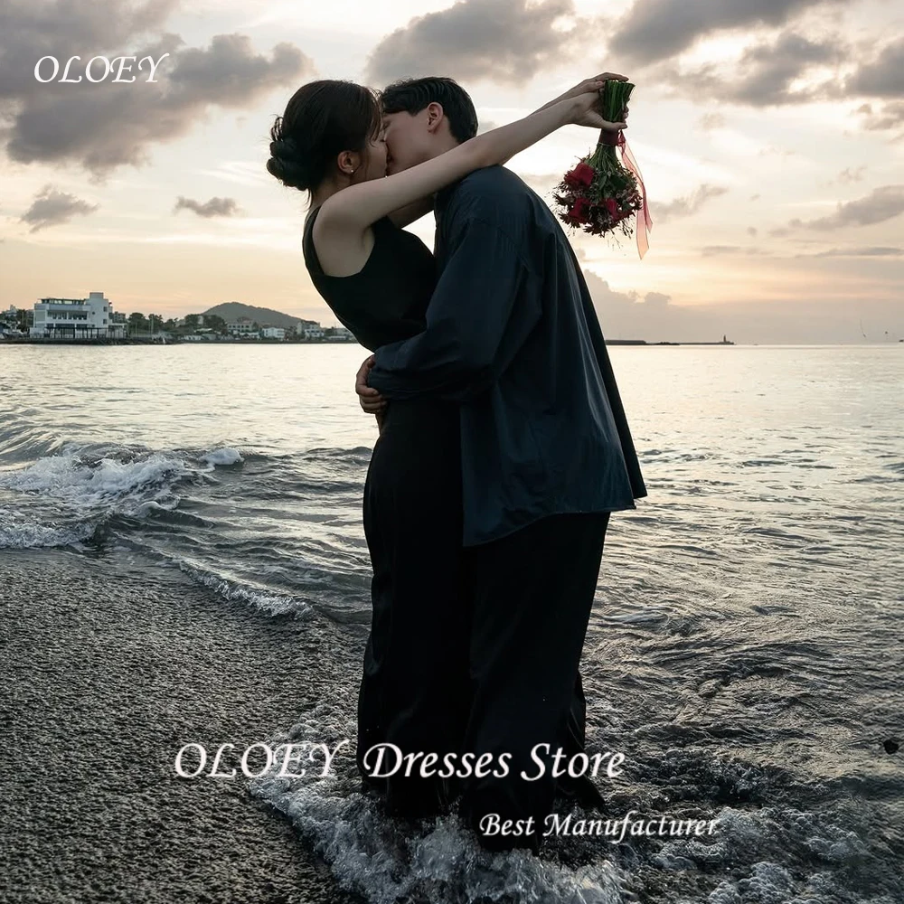 OLOEY 2025 New Korea Black Wedding Dress Women Photoshoot A-line Bridal Gown Square Collar Floor Length Pleat Customized