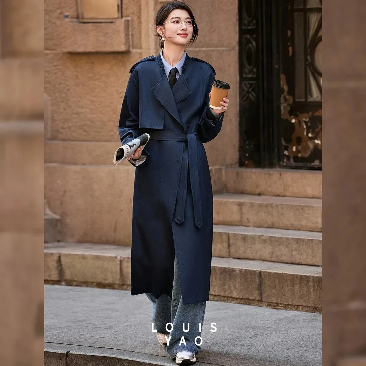 

LOUISYAO England Style Lazy Trench Coat Women 2025 Autumn Office Lady Loose Double Breasted Long Windbreaker Outerwear New In