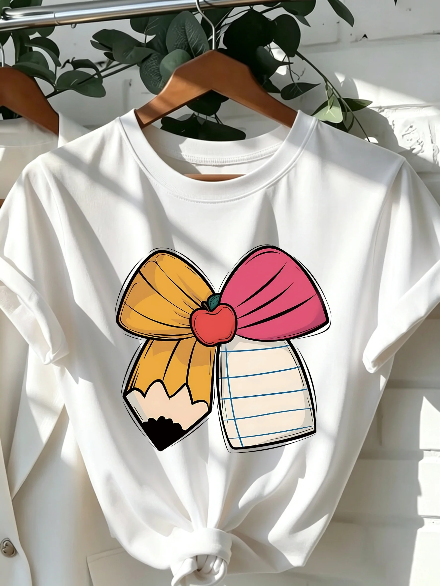 Fun Apple Bow T-shirt Printed Short Sleeve T-shirt for Women's Summer Versatile Design Sense Small Cap Top Round Neck T-shirt