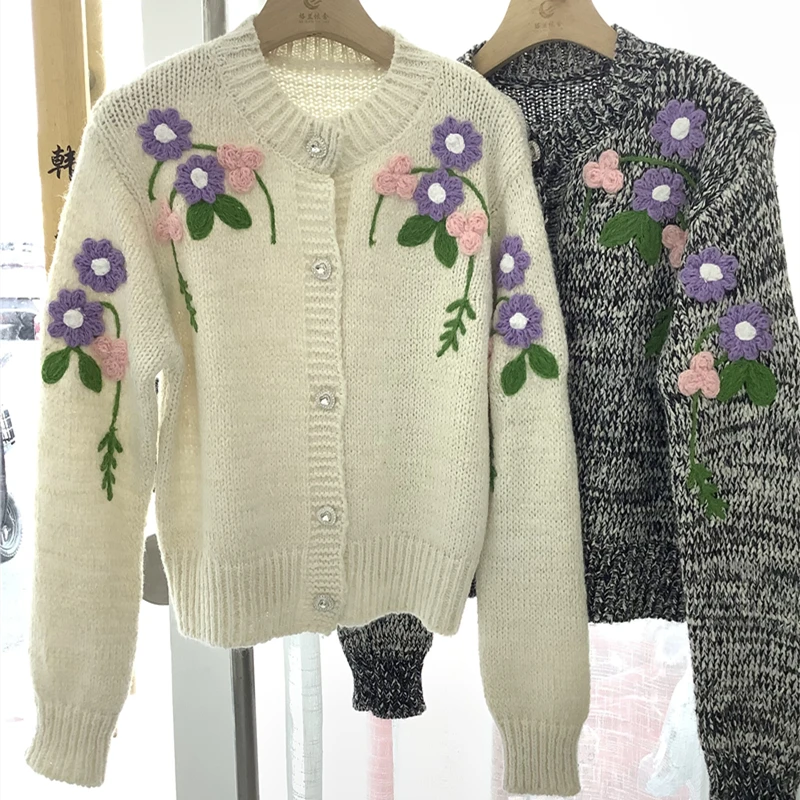 Sweet Fashion Girls Embroidery Flowers Knitted Sweater Coat New Fashion Autumn Winter Single Breasted Manual Weave Cardigan Tops