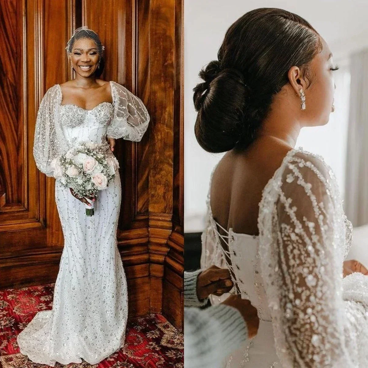 Customized  Square Neck Arabic Mermaid Wedding Dresses Long Sleeves Shinny Crystals Beads Bridal Gowns  Vestido De Novia