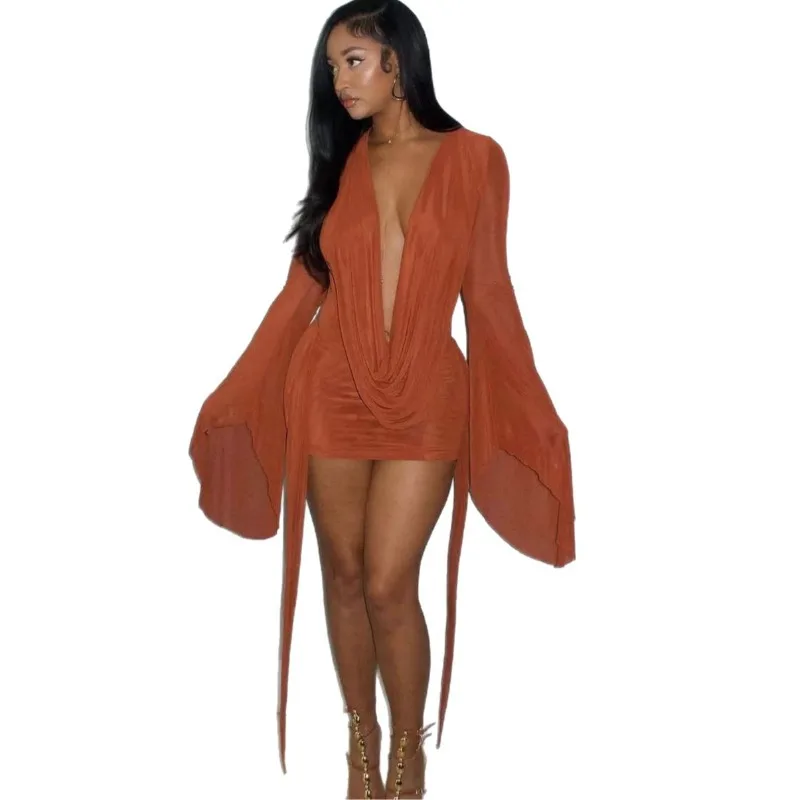 فستان نسائي صيفي قصير بقماش شفاف موديل 2025 مثير بياقة متأرجحة وأكمام طويلة غير منتظمة بدون ظهر ملابس شاطئ للإجازات #4