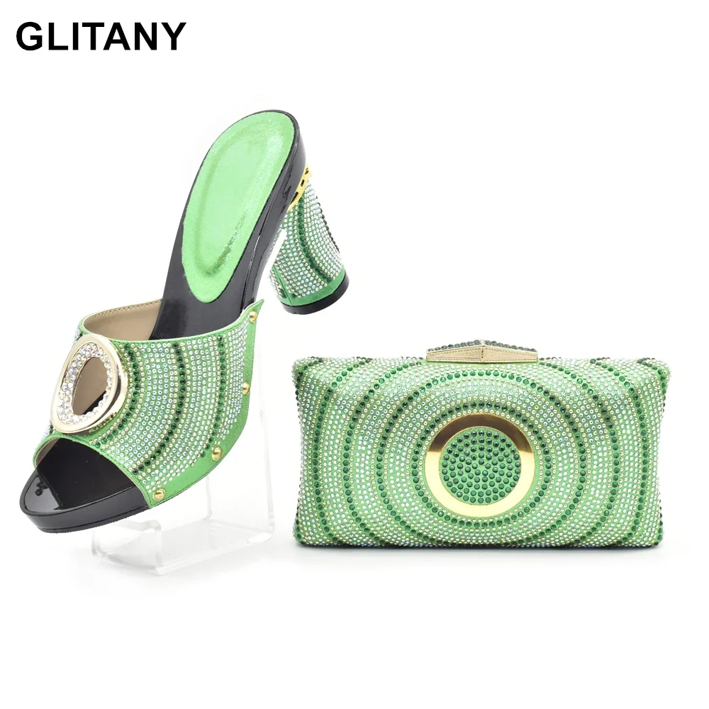 

New Shoes and Bag Set African Sets Green Color Italian Shoes with Matching Bag for Women Nigerian Shoes and Bag Set for Wedding