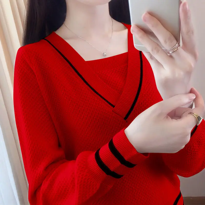Women's Clothing Long Sleeve Autumn Winter V-Neck Pullover Sweater Knitted Casual Fashion Screw Thread Contrast Color Tops