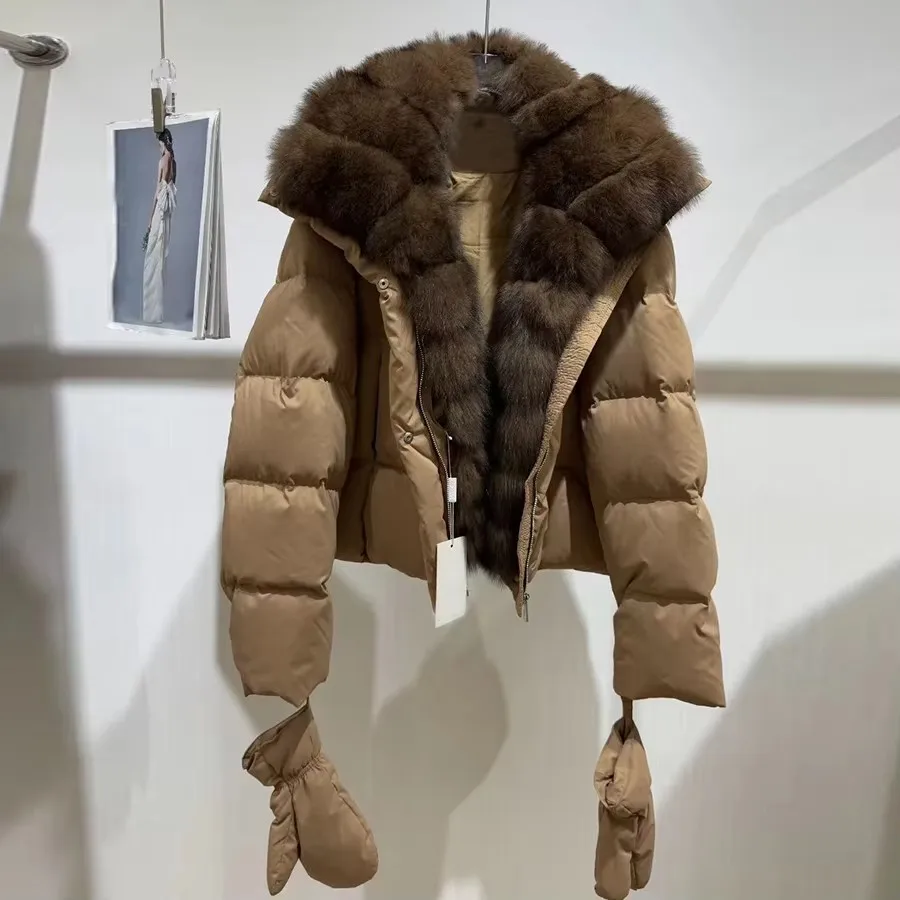 

Женский зимний пуховик с меховым воротником, пуховик из натурального лисьего меха, белая шуба из натурального лисьего меха, высококачественная меховая куртка
