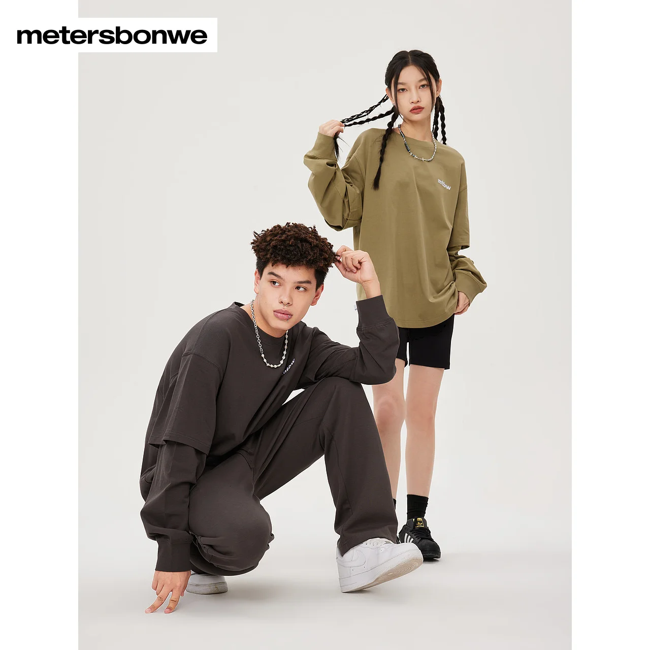 

Metersbonwe-Men's And Women's Long Sleeves T-Shirt 100%Cotton Round Collar Print Loose 2-in-1 Casual Winter