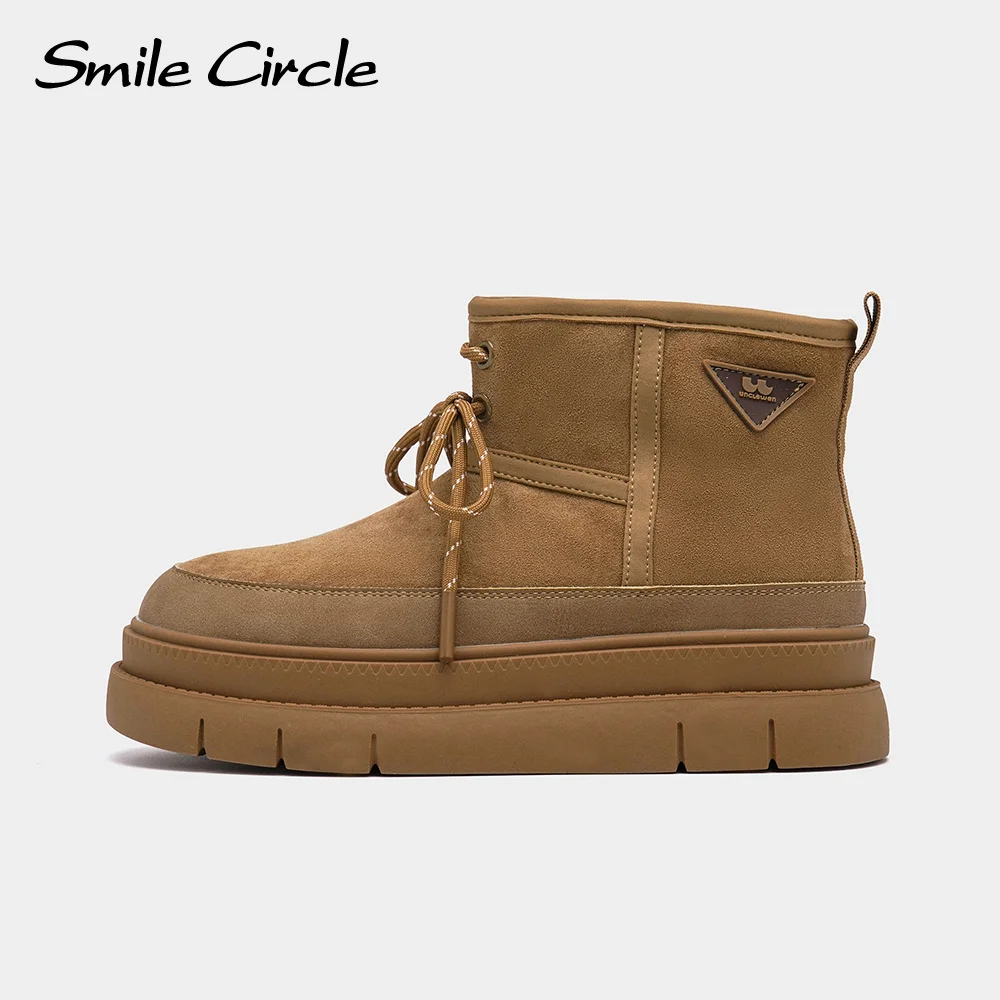 Smile Circle Women Snow Boots Suede Leather Warming Round-toe platform Boots Winter Lace up Fashion Boots