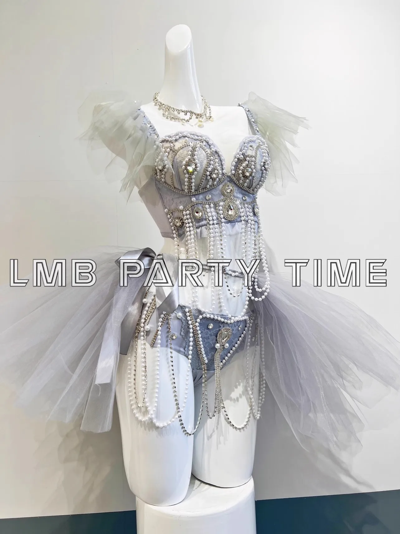 Glänzende Perle Mesh Blase Ärmel Bikini Kleid Outfits Sexy Bar Nachtclub Sängerin Pole Jazz Dance Bühne Leistung Set