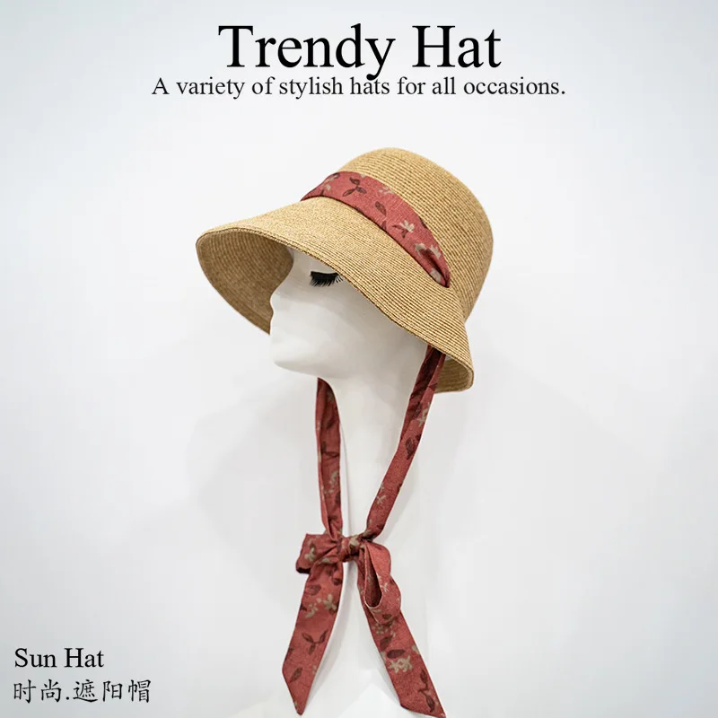 Floral Print Tie Up Wide Brim Straw SunHat for Women,Foldable UV Protection Bucket Beach Cap,Summer Vacation Foldable FishingHat