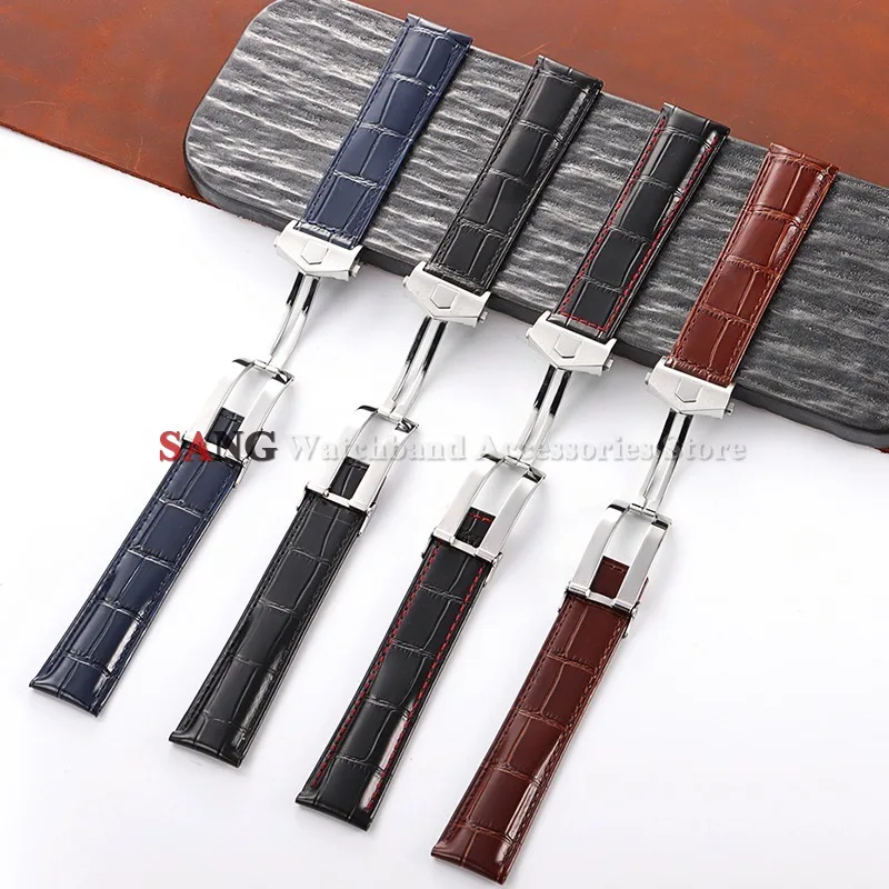 20/22/24mm Cowhide Leather Watchband Strap Folding Buckle Men's Bracelet for Tag Heuer Carrera Monaco Bamboo Patterned Wristband