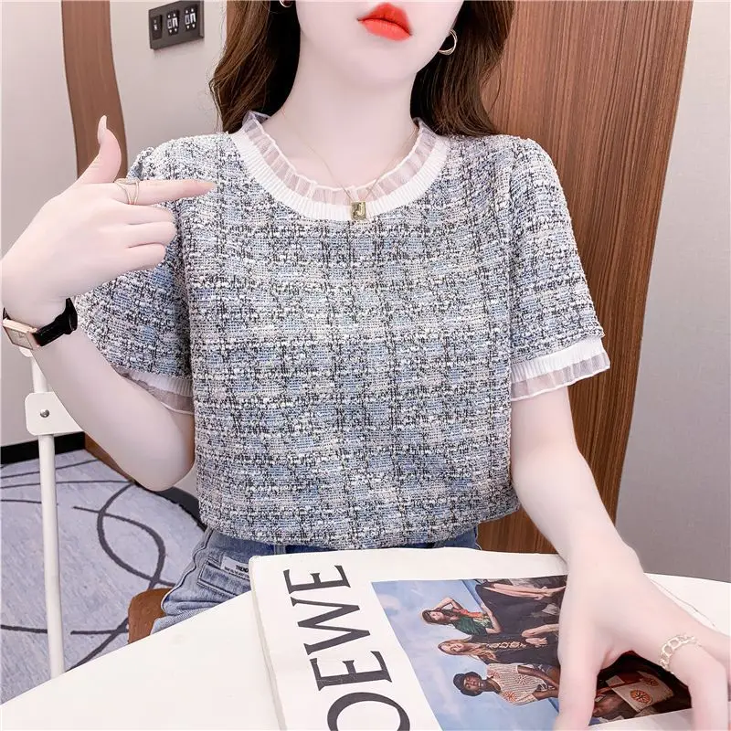 2024 New Summer Elegant and Elegant Style Small Fragrant Wind Fashion Wooden Ear Round Neck Western Short Top for Women