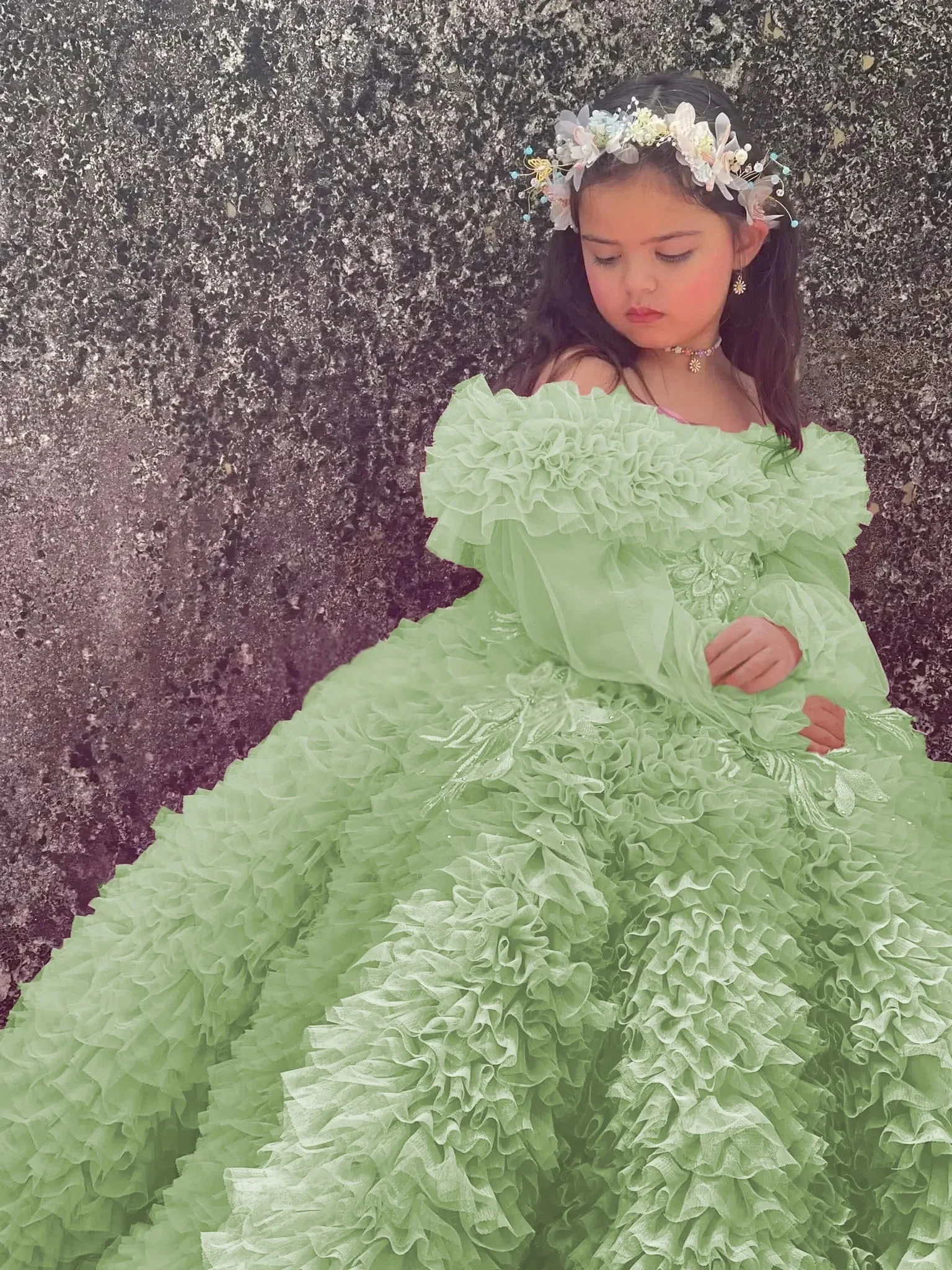 Felroze bloemenmeisjesjurk met ruches tule off-shoulder baljurk trouwjurk eerste kerstfeest luxe avondjurk voor meisjes