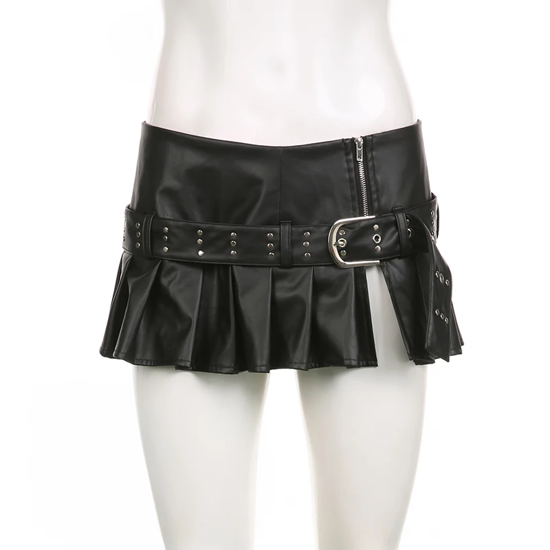 IAMHOTTY Sexy Pu Leather A-line Pleated Mini Skirt Black Dropped Waist Slit Super-short SKirts With Belt Women Punk Streetwear