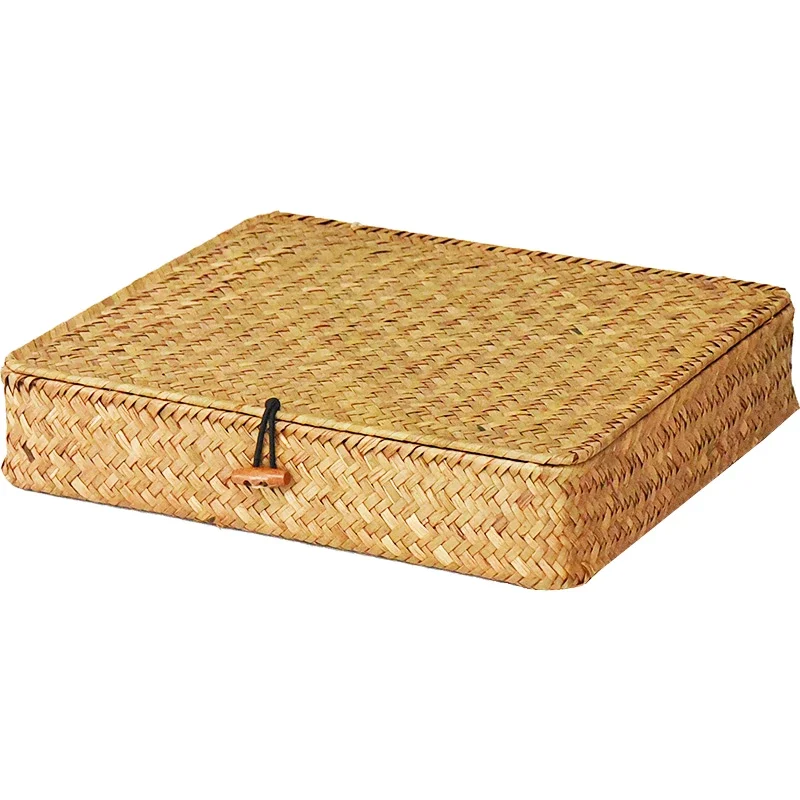 2 Pcs Seagrass Baskets with Lid Wicker Storage Basket Flat Rattan Storage Bins Woven Organizer Basket for Shelf, Closet, Bedroom