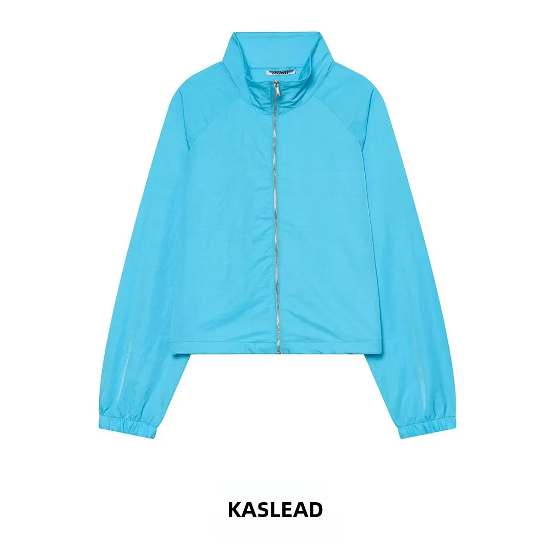 KASLEAD New Women's High-End Tech Fabric Zipper Jacket Short Outerwear Windproof Long Sleeve Polyester Fiber Autumn Fashion