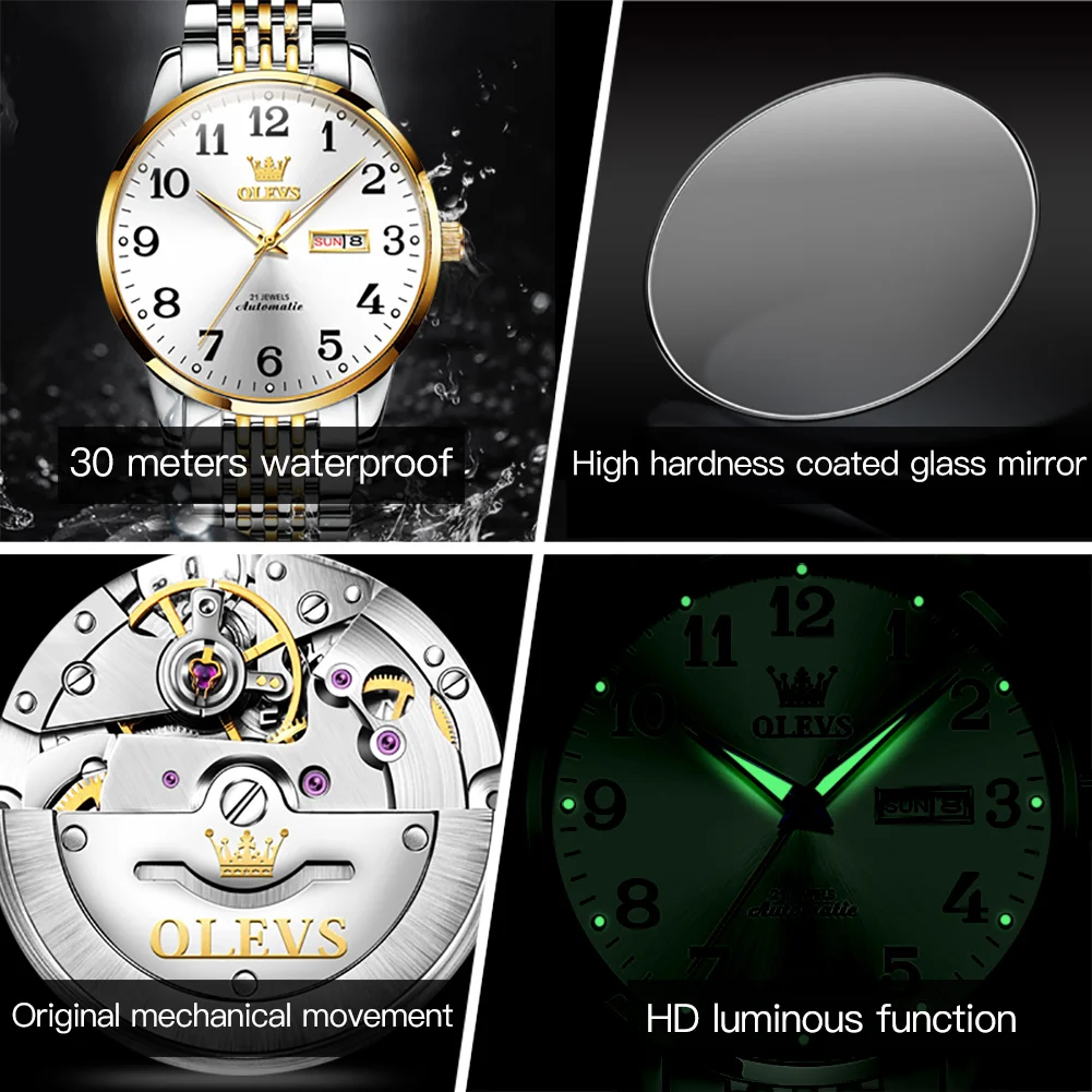 OLEVS 6666 Fashion Men\'s Watch Luxury Brand Automatic Mechanical Watch Stainless Steel Waterproof Date Men Watch Reno Masculino