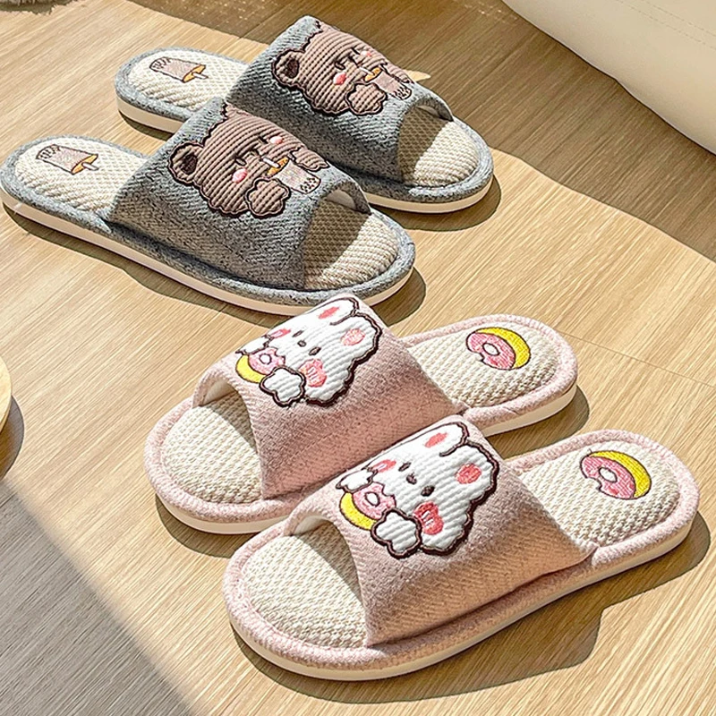 

Summer Cute Cotton Slippers For Women Soft Comfort Indoor House Slides Casual Flat Shoes Open Toe Linen Cotton Slippers
