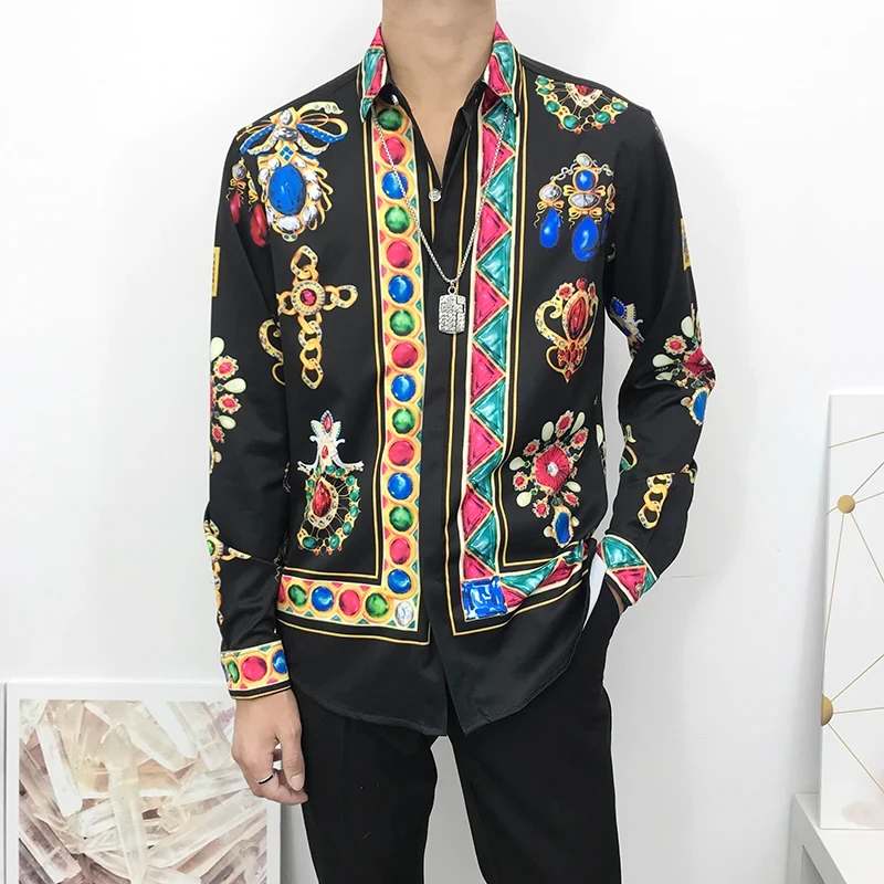 Homme Autumn Clothin Newest Autumn Shirts For Men 3D Baroque Long Sleeve Luxury Social Shirt V-neck Oversized Tops Shirt