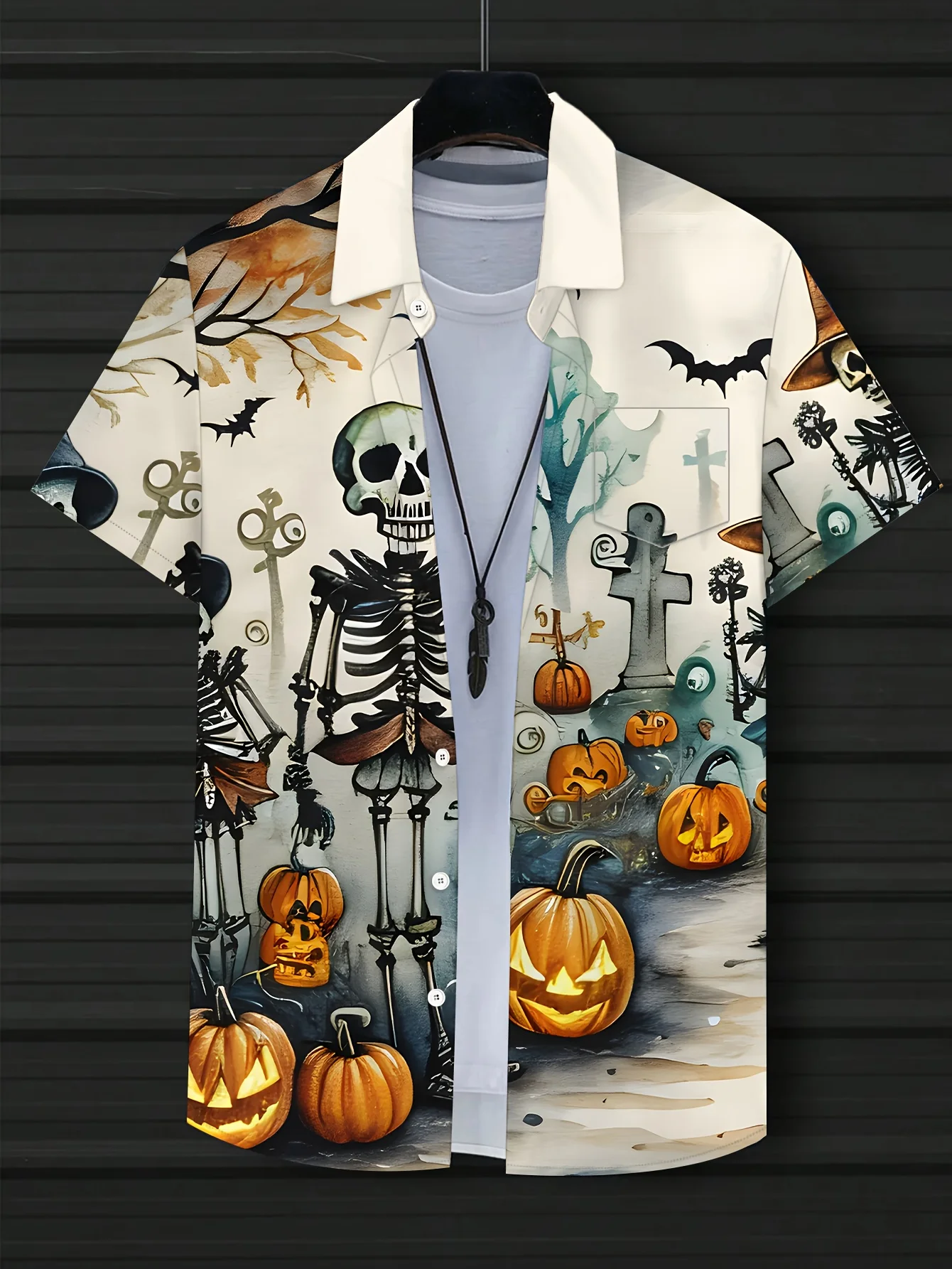 Men Halloween Graveyard Skeleton Pumpkin Bat Print Short Sleeve Shirt Lapel Collar Button‑Up Polyester Party Blouse