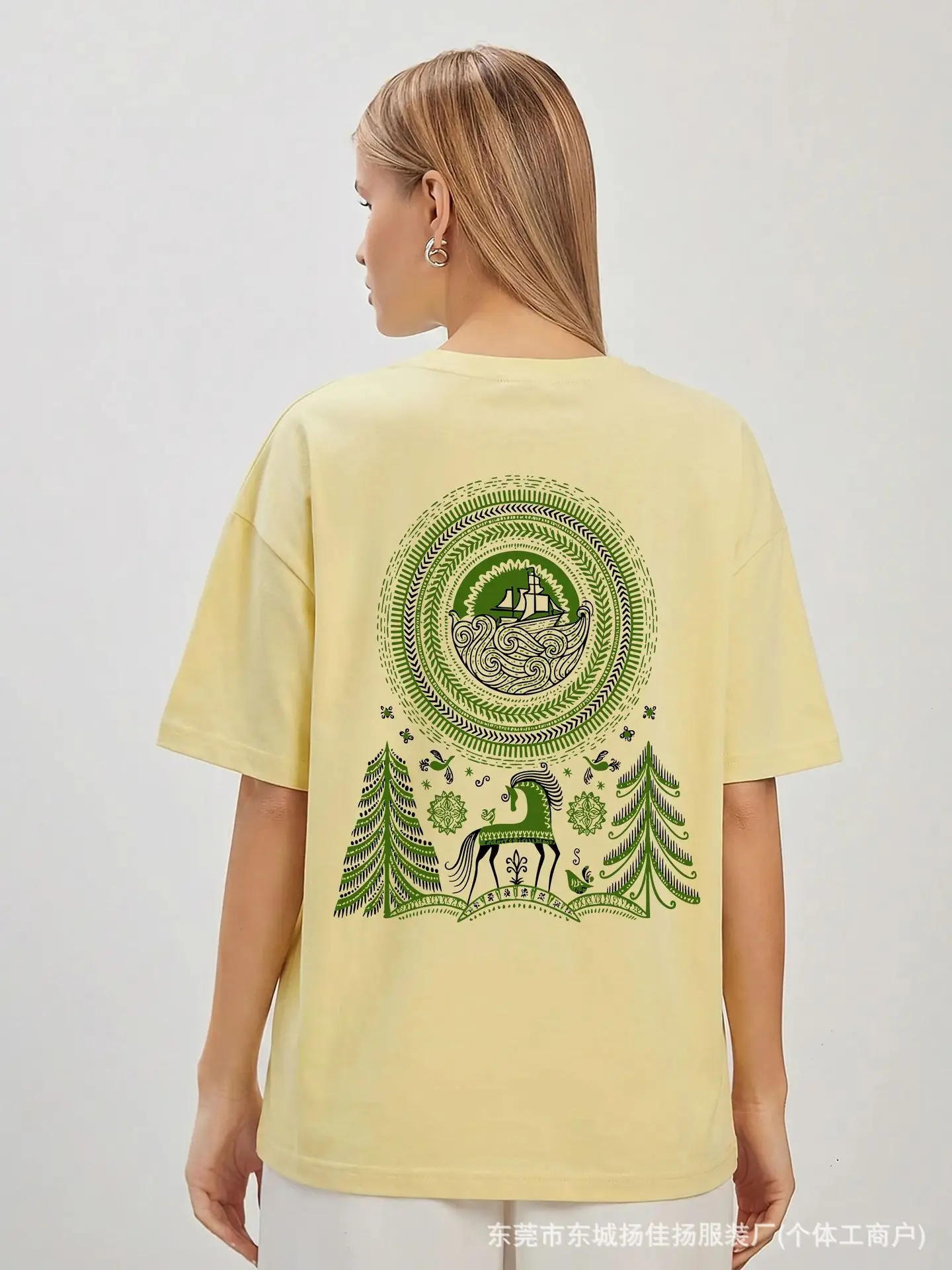 Nordic Folk Art Horse & Ship Print Oversized Cotton T-Shirt | Green Nature Back Graphic Tee | Boho Aesthetic Casual Summer Top