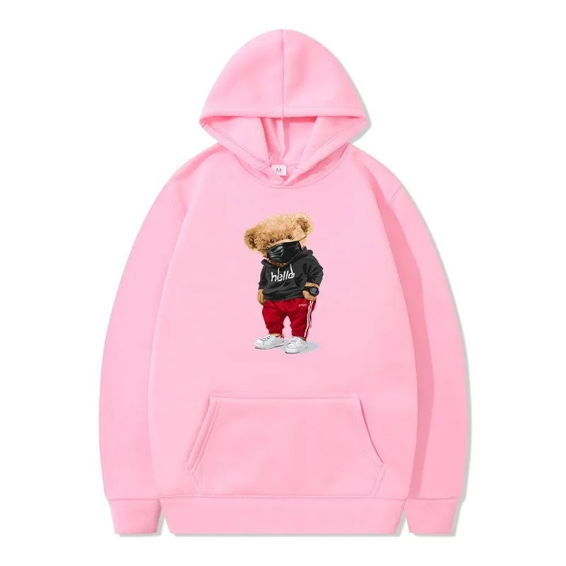 2024 New Fashion Hoodie Hello Mask Bear Printed Men's Hoodie Sportswear with Wool Men's and Women's Autumn/Winter Casual Hoodie