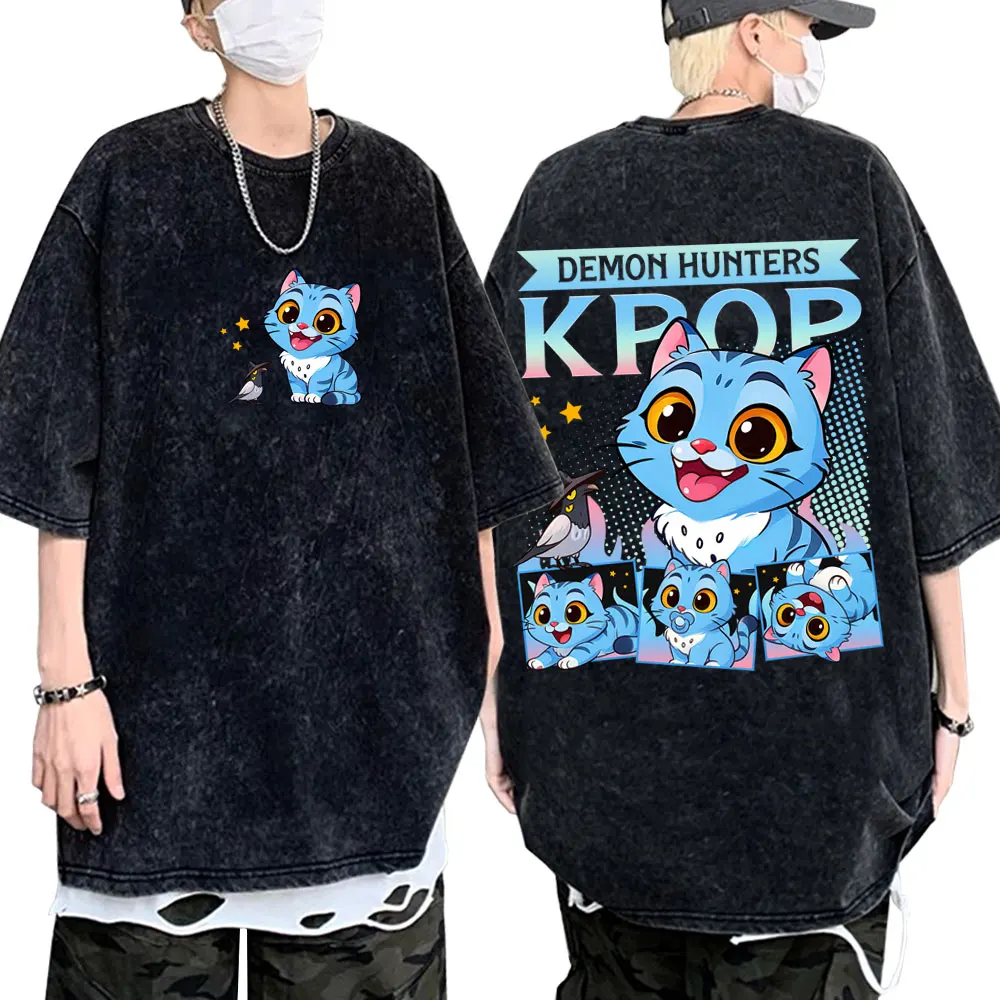 

Washed Vintage Kpop Demon Hunters Derpy Tiger T-shirt Men's Casual Oversized T-shirts Men Women Fashion Cartoon Trend T Shirts