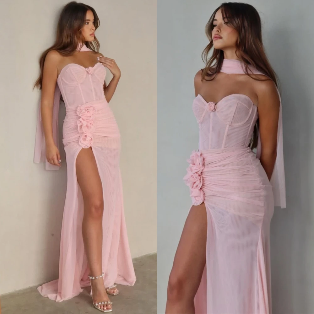 تخصيص بسيط الوردي الشيفون مساء اللباس الكلاسيكية حمالة أكمام فساتين المشاهير حساسة مستقيم الزهور فساتين حفلة موسيقية