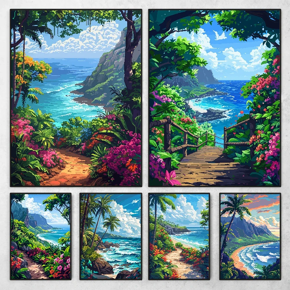 Hawaii Pixel Art Travel Landscape Poster Flower Island Sand Beach Sky Scenery Canvas Painting Room Home Wall Decor Mural