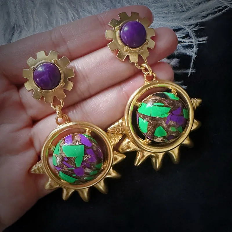 French Vintage Sunflower Fancy Magic Color Green Purple Drop Earrings for Woman Girl Simple Premium Eardrop Jewelry INS