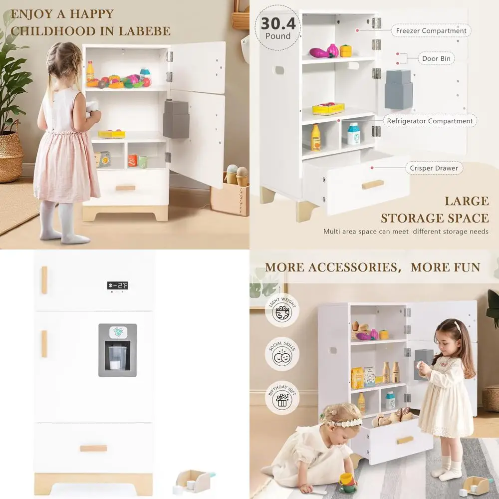 

Children's Wooden Play Refrigerator, Toddler Kitchen Toy Set, White Pretend Play Fridge Freezer for Boys & Girls (15.8 x 13.8 x