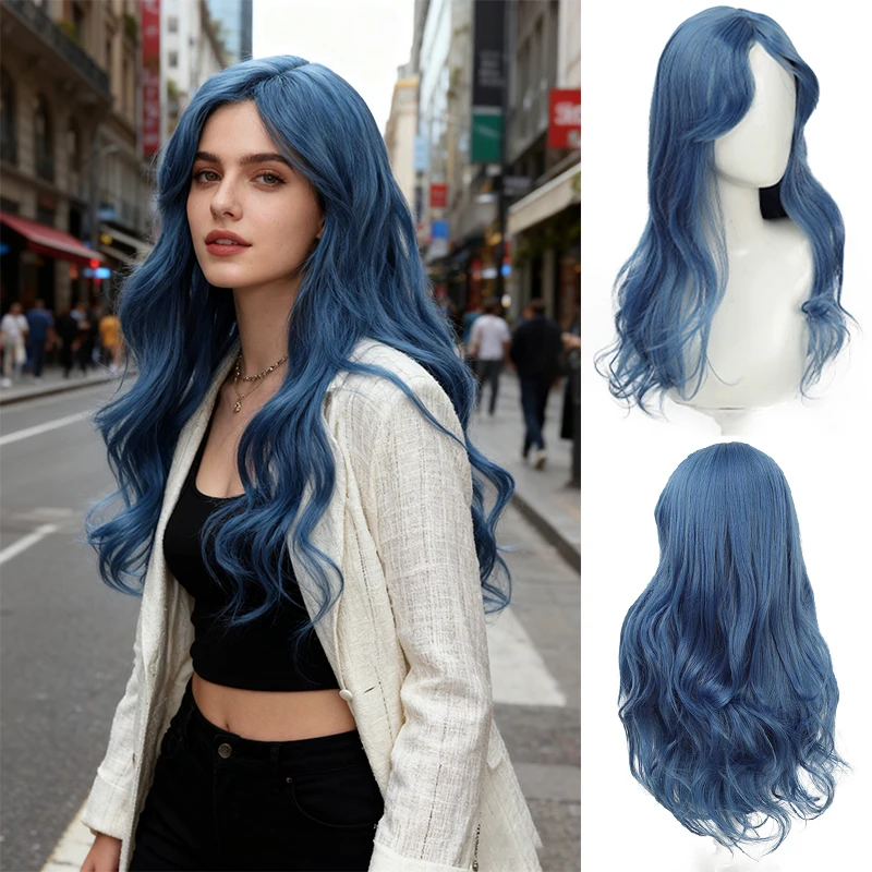 

【 Весенняя буква 】 Парик Девушка Sensation Туманные синие длинные вьющиеся волосы с большими волнами Ежедневный парик Полная гарнитура