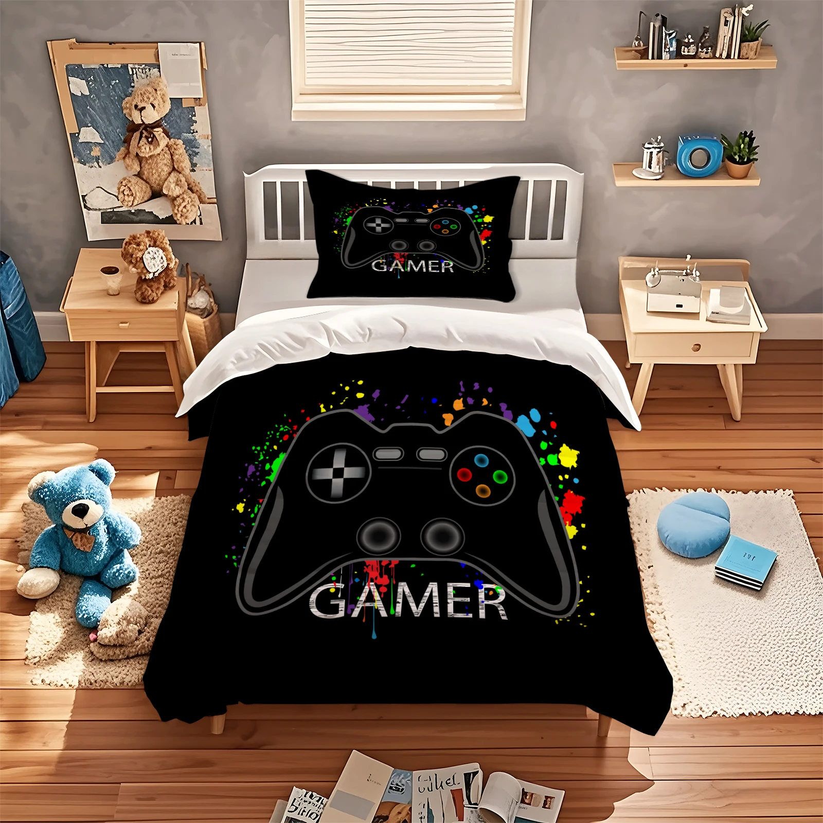 Black Game Controller Duvet Cover Set Colorful Splatter Gamer Bedding Set Soft Polyester Quilt Cover With Pillowcase Gaming Room