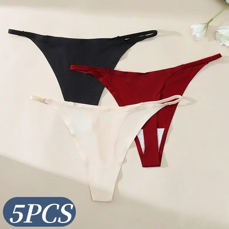 5-teiliges Set Damen Nahtlose Slips Eisseide Tangas Damenunterwäsche Niedrige Taille T-Back Einfarbiger G-String Sexy Dessous S-2XL