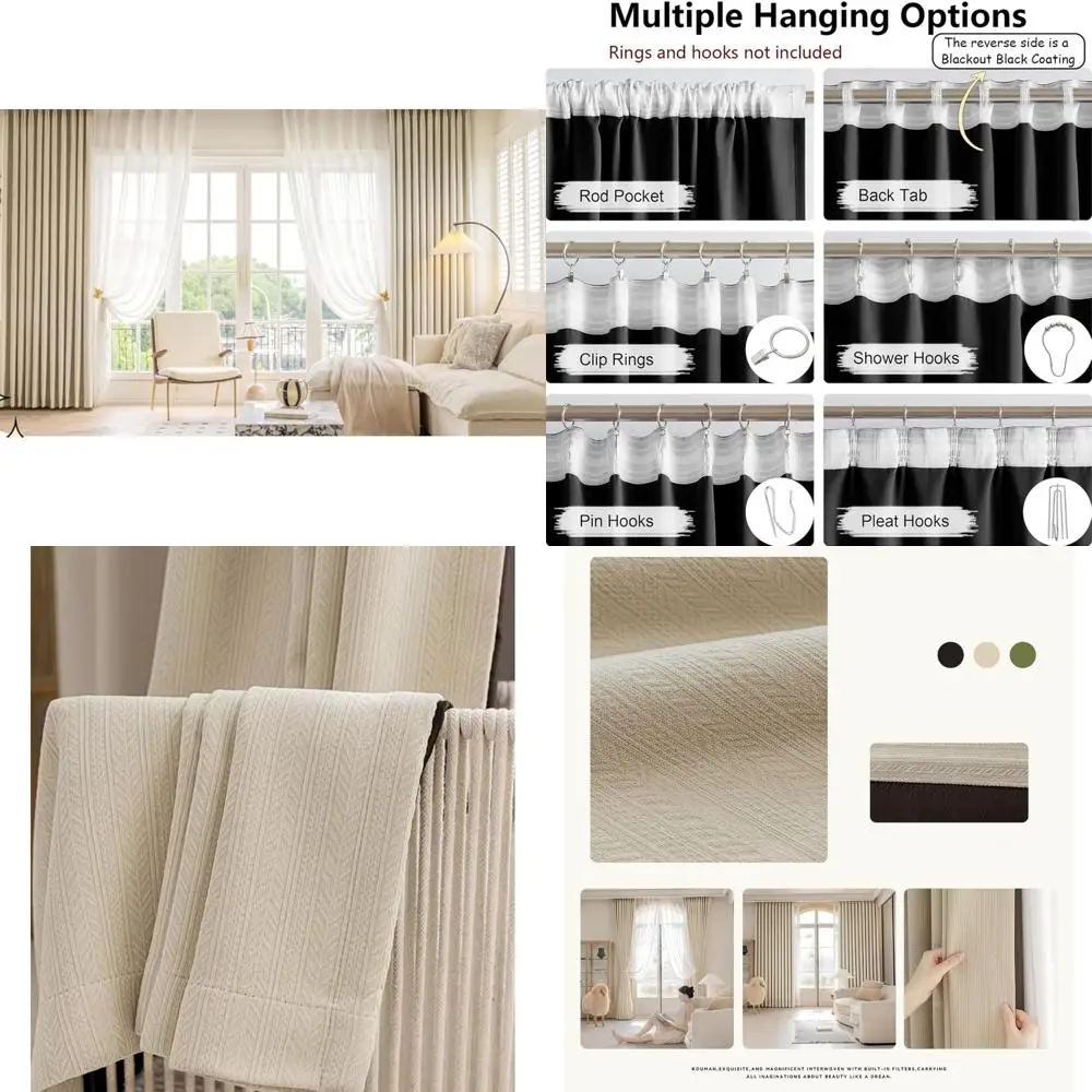 Cortinas opacas de color sólido con aislamiento térmico para dormitorios, cortinas con gancho plisado de chenilla, beige y blanco con ahorro de energía