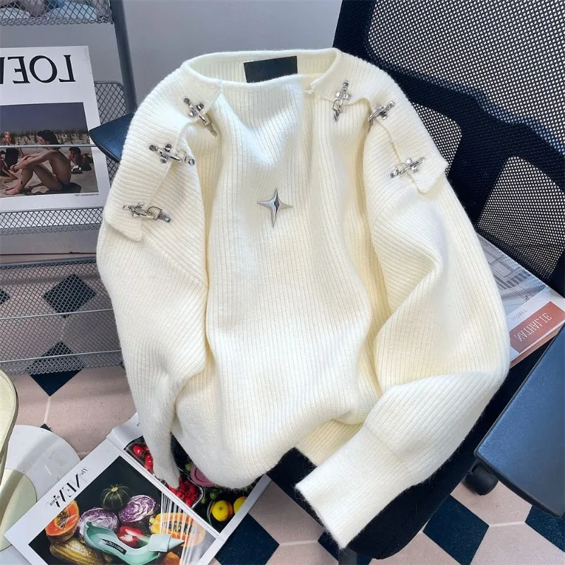 

Women's Fashion Pesonality Metal Button Slash Neck Sweater Lady White Long Sleeve Knit Pullover New Tops Streetwear Female