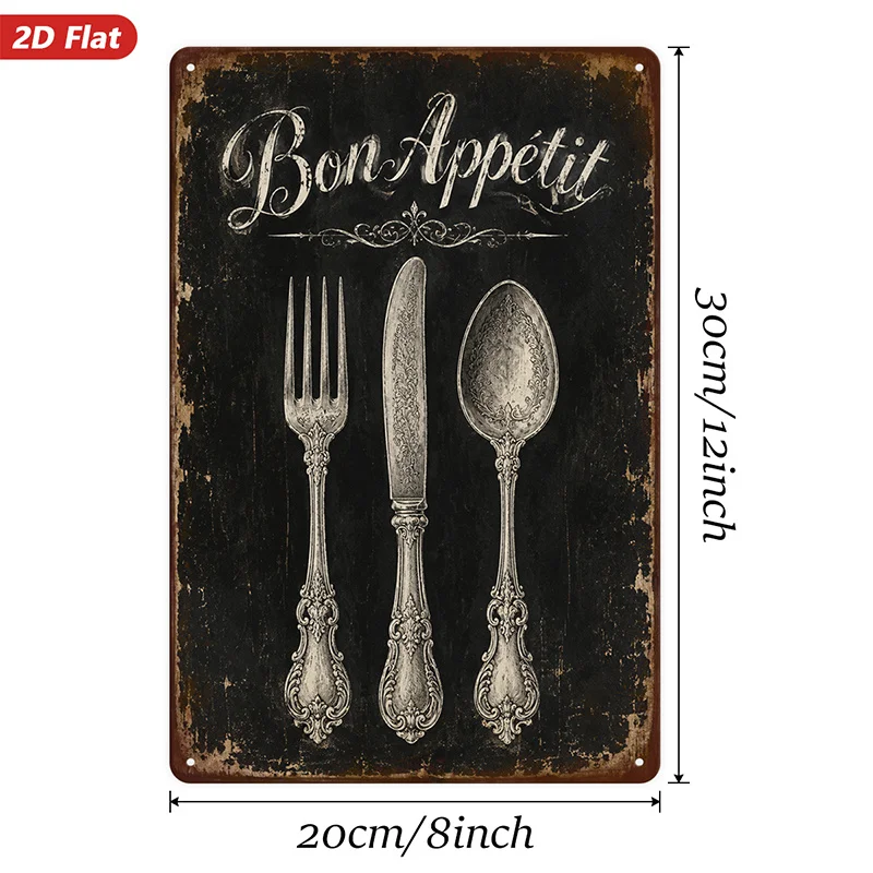 Metal aluminum Sign Wall Art, Bon Appetit Wall Art, Vintage Cutlery Design, Rustic Style, Home Decor, for Kitchen, Dining Room