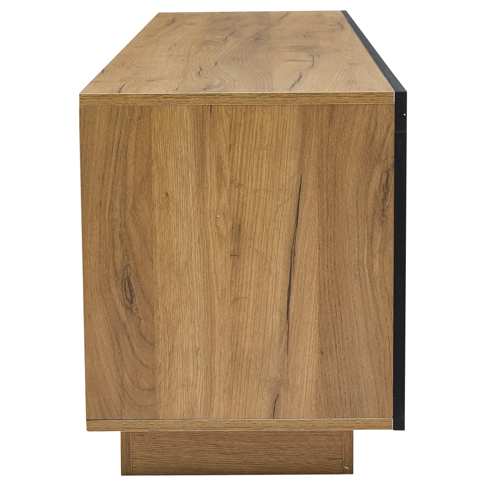 Mueble para televisor de color negro y madera de roble, diseño moderno, con estantes de cristal, consola para televisor con espacio de almacenamiento, mueble para juegos y dispositivos multimedia, ideal para televisores de 70, 65 y 55 pulgadas, para la sala de estar, el dormitorio o cualquier otro espacio del hogar.