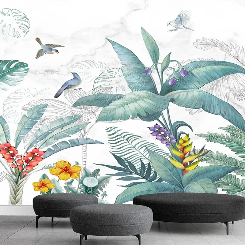 

Custom Mural Small Fresh Tropical Plants Flowers Wallpaper Living Room TV Sofa Background Wall Decor Wall Cloth Papel De Parede