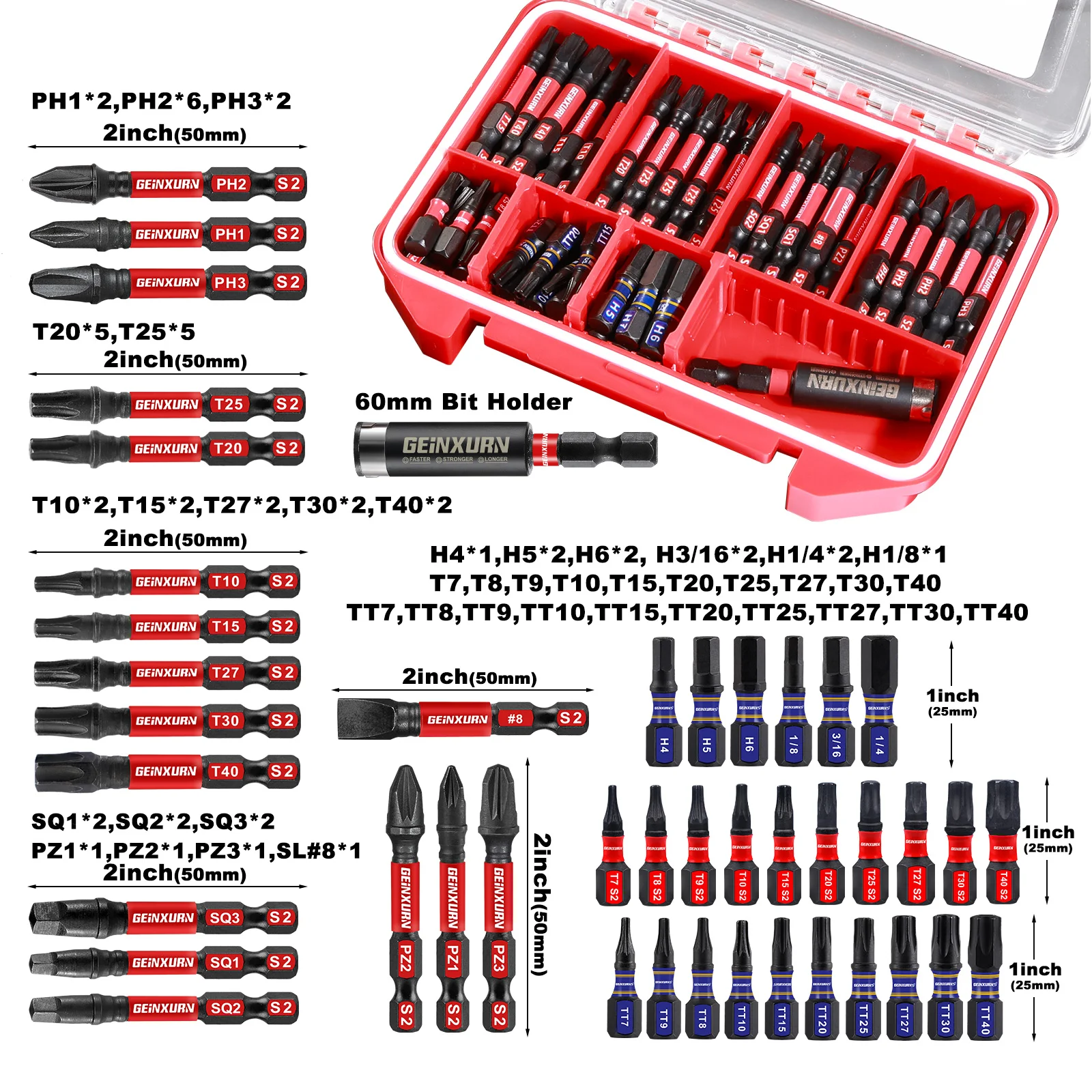 Geinxurn Impact Screwdriver Bits Set,71pieces Case Storage Magnetic S2 Steel Multi Insert Power Bits Tips with Impact Bit Holder